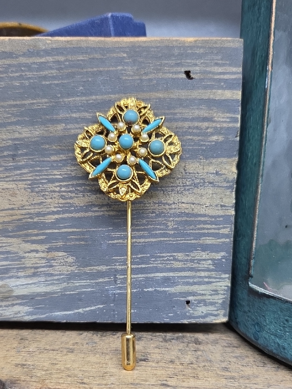 Vintage Gold Turquoise Stick Pin - Women Jewelry